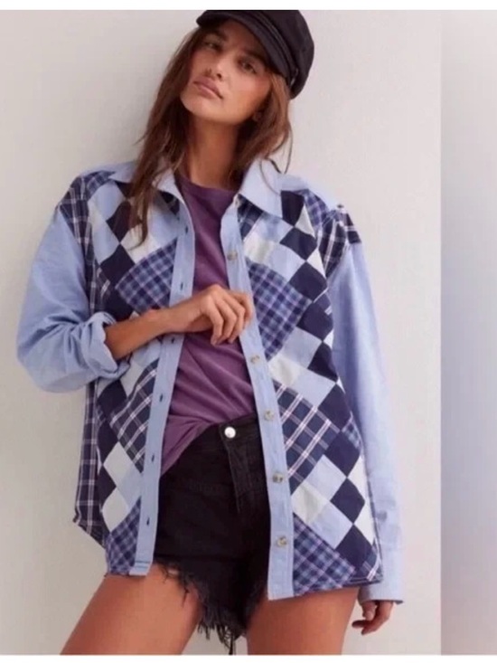 Free People Tops - Free People We The Free Argyle Plaid Patchwork Button-Down Shirt